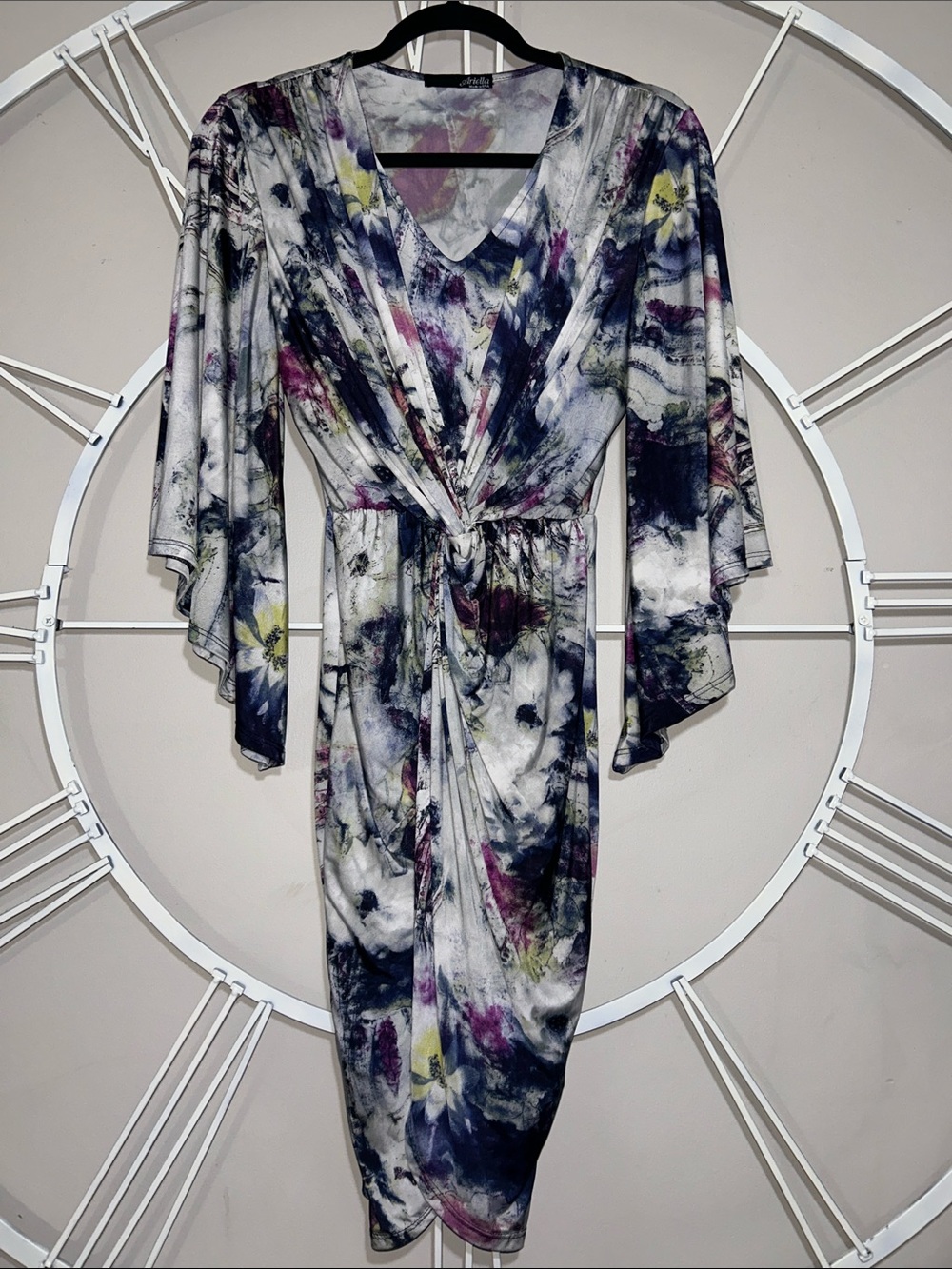 Ariella USA Bell-Sleeve Draped Wrap-Front V-Neck Watercolor Midi Dress